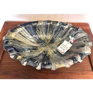 NWT Quadrifoglio Oval Italian Glass Ruffled Bowl Iridescent Blue Hand Painted